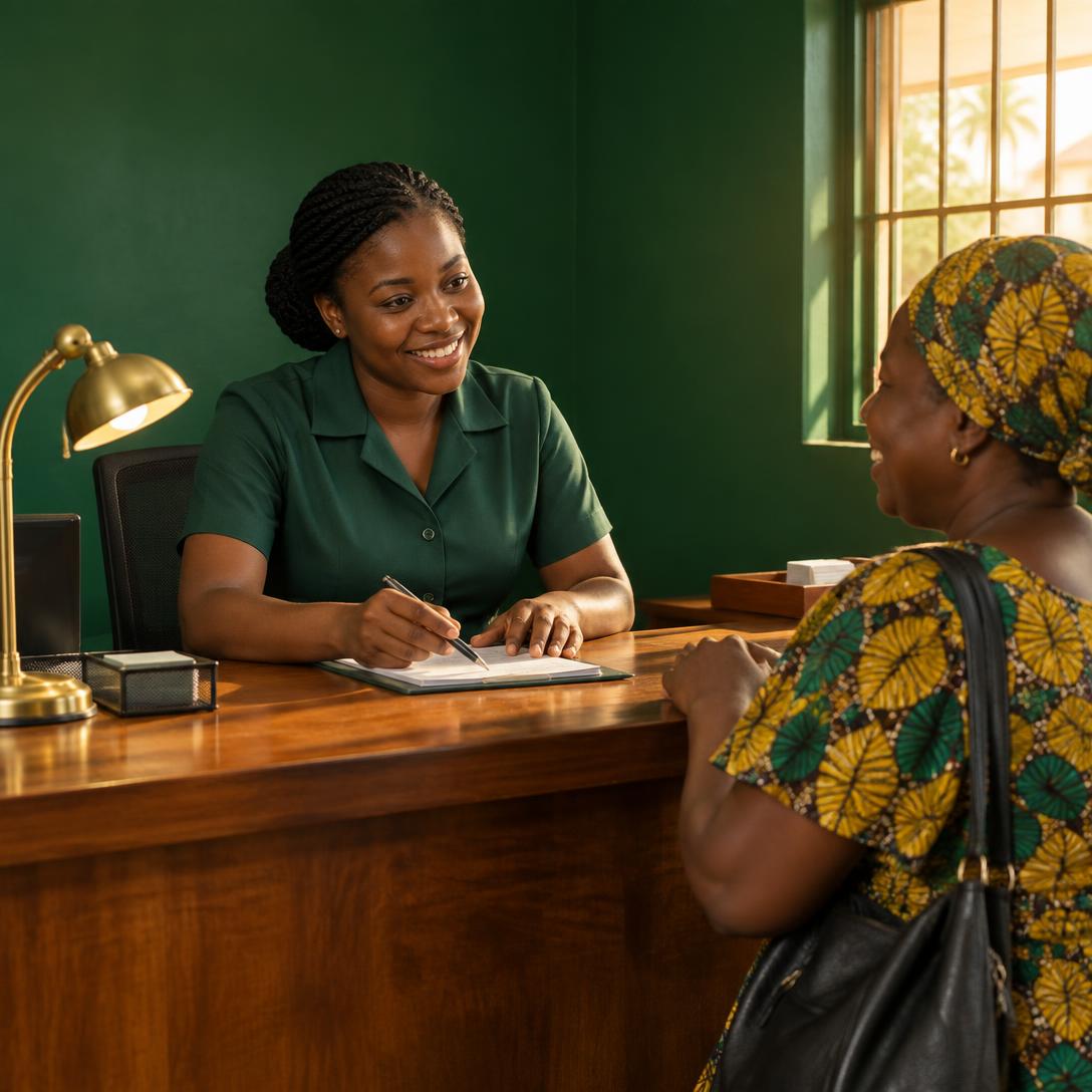 A Kaisumate officer helping a customer at a branch counter
